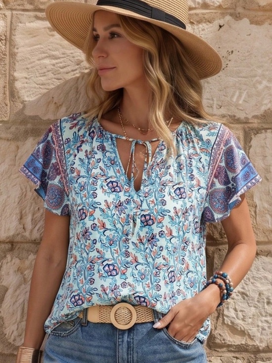 Rouge! Tops - Blue Floral Printed Boho Short Sleeve Shirt V-Neck Ties